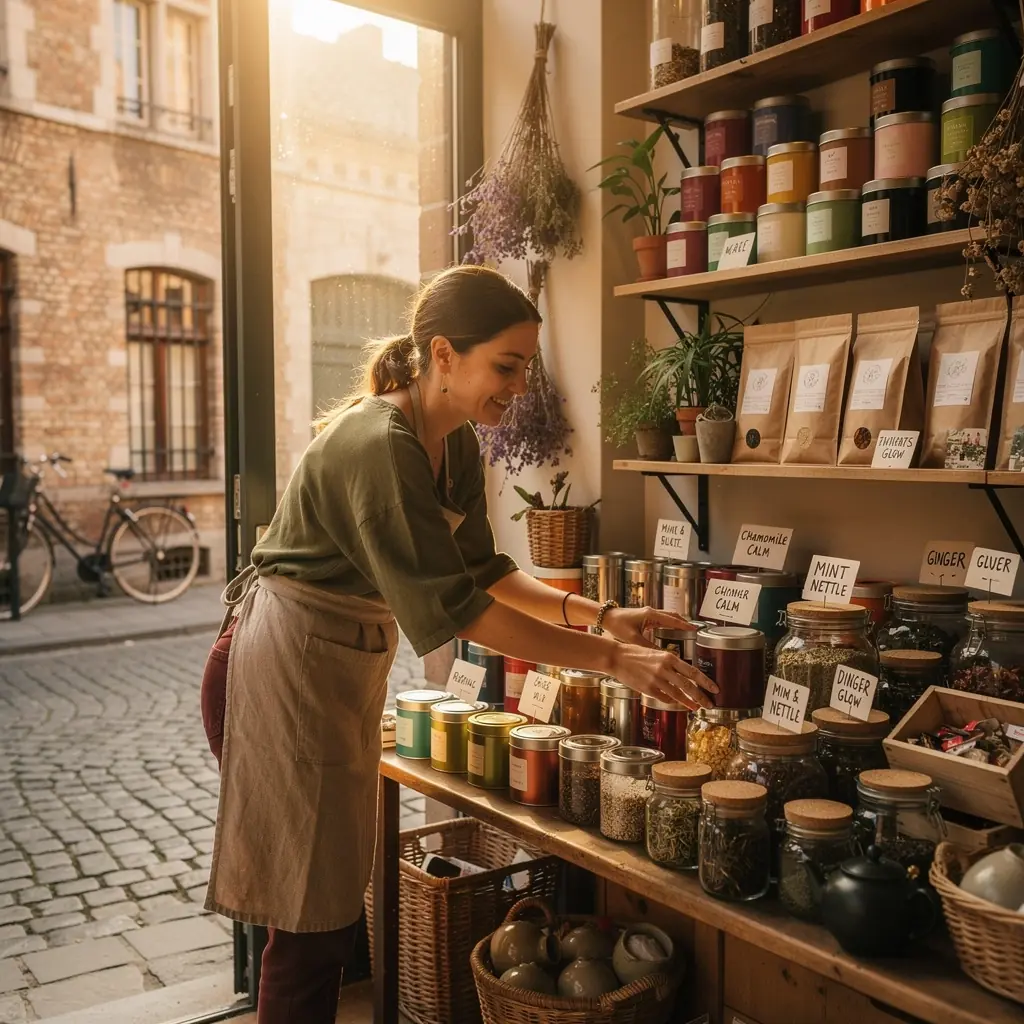 Infusion de fruits rouges et d'herbes naturelles dans une tasse en porcelaine.