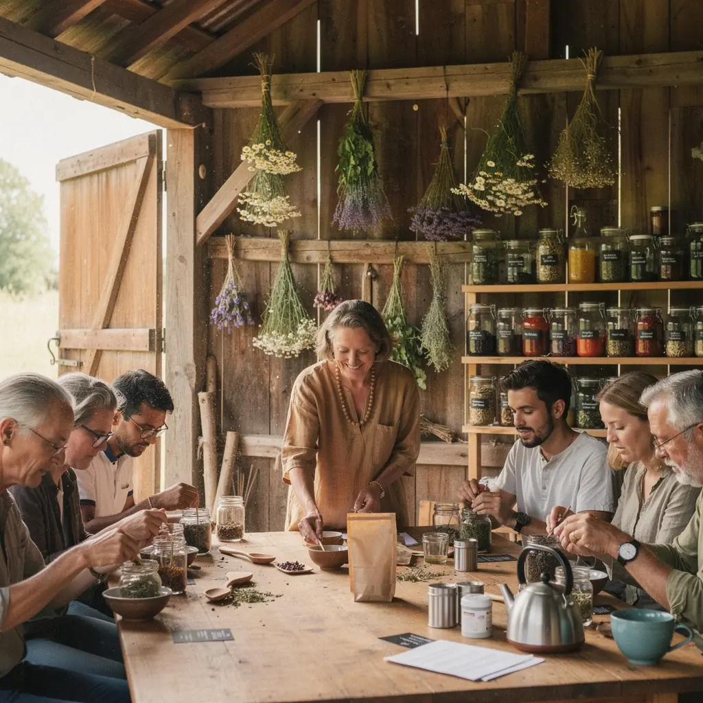 Г‰talage colorГ© de diffГ©rentes tisanes dans un magasin de produits naturels en Belgique.