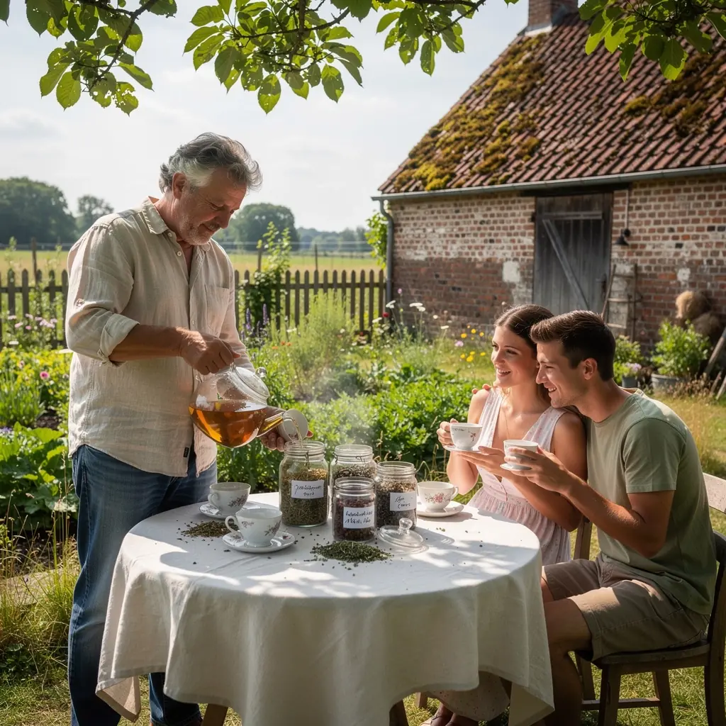 Moment de détente avec une tasse de thé sur une table en bois.