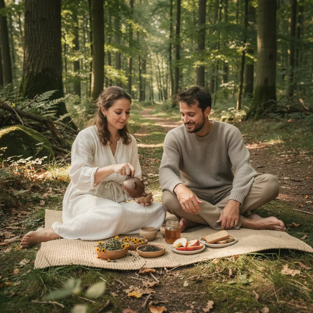 MГ©lange de tisanes aromatiques avec des feuilles de menthe fraГ®che et des fleurs de camomille.